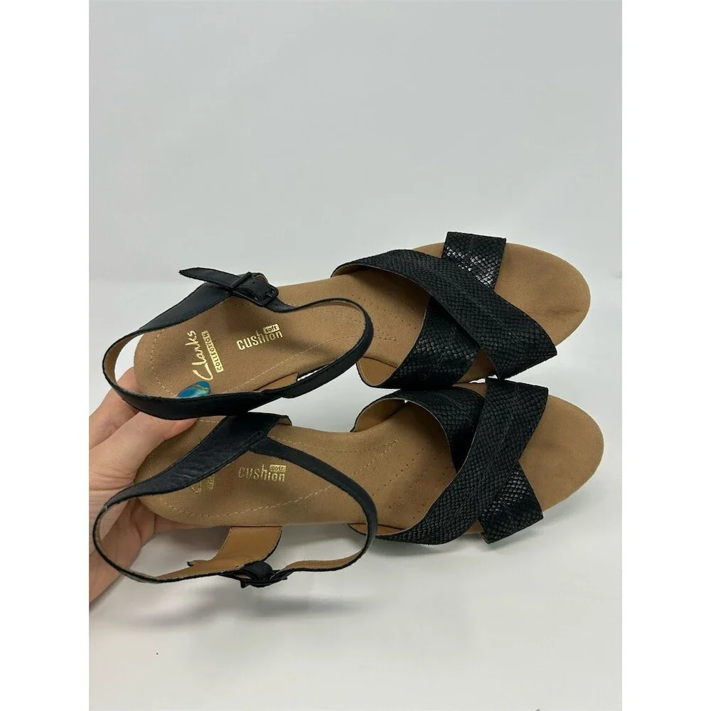 Clarks Womens Cork Wedge Sandals Black Crisscross Strappy Ankle Buckle Size 11